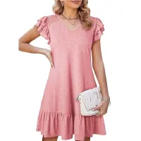Semoic Robes d'été à volants et manches courtes pour femmes, smockées en V