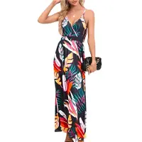 Torribaly Robe longue d'été 2025 pour femme, motif floral, bretelles spaghetti, style bohème décontracté, robe d'été fluide, noire, taille XXL