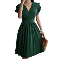 Torribaly Robe mi-longue d'été 2025, col en V, robe trapèze ajustée et évasée, verte, taille M