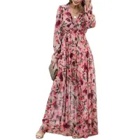 Torribaly Robe bohème décontractée à manches longues et col en V profond pour femme, rouge, taille S