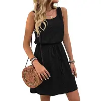 Jojomino Robe courte à cordon de serrage texturée et ajourée pour femme, noire, taille M