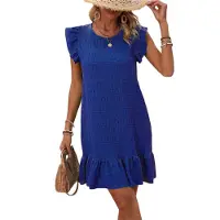 Semoic Robes d'été pour femmes, col rond, manches courtes, volants