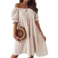Semoic Robe d'été à manches lanternes et épaules dénudées pour femme