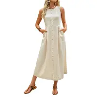 Semoic Pull ras du cou sans manches à boutons pour femme, couleur unie
