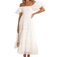Typecat Robe longue trapèze à manches courtes bouffantes et col carré pour femme, smockée, à volants, blanche, taille XL