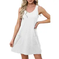 Semoic Robe blanche sans manches à col en V et poches pour femme