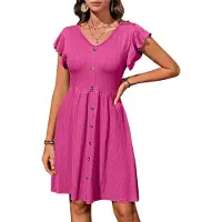 Torribaly Robes d'été pour femmes 2025, manches courtes à volants, col en V, décontractées, amples, évasées, boutonnées, rose, rouge, taille S