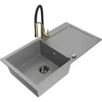 Mexen Leo Évier en granit 1 bac avec égouttoir et mitigeur Aster, Gris - 6501-71-73450-57-B