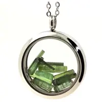 Bijoux Pierres et Minéraux. Collier Tourmaline verte brut. Modèle Médaillon 30 mm. Couleur Argent.