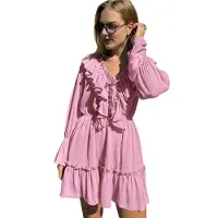 Semoic Robes d'été décontractées à manches longues et col en V pour femmes
