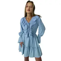 Semoic Robes d'été décontractées à manches longues et col en V pour femmes