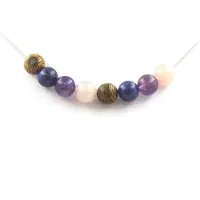 Bijoux Pierres et Minéraux. Collier Perles Quartz Rose + Améthyste + Lapis Lazuli + bois 8 mm Chaine en acier inoxydable.