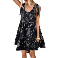 Torribaly Robe d'été décontractée sans manches pour femme, mini-robe plissée, débardeur, noire, taille L