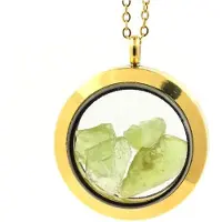 Bijoux Pierres et Minéraux. Collier Péridot brut. Modèle Médaillon 30 mm. Couleur Or.