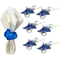 Torribaly Lot de 6 ronds de serviette en forme de fleur d'orchidée faits à la main, supports bleus, boucles artisanales pour décoration de table de mariage