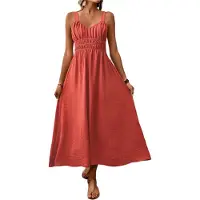 Typecat Robe longue smockée pour femme, tenue d'été décontractée à bretelles spaghetti, coupe trapèze, style fluide, couleur acajou, taille L, 2025
