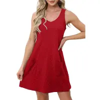 Semoic Robe sans manches à col en V et poches pour femme, rouge X
