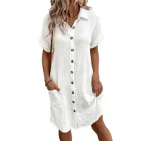 Semoic Chemise d'été décontractée en coton et lin pour femme, col en V et boutons