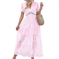 Semoic Robe de mariée en dentelle florale à manches courtes et col en V pour femme