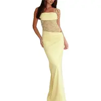 Torribaly Robe longue moulante sans manches à découpes et dentelle pour femme, col carré, avec corset transparent, jaune clair, taille S