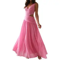 Semoic Robe de soirée d'été longue et froncée à taille basse pour femme