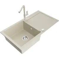 Mexen Leo Évier en granit 1 bac avec égouttoir et mélangeur Flora, Beige - 6501-69-670401-09