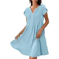 Torribaly Robe d'été à manches courtes pour femme, col en V, coupe ample, décontractée, fluide, plissée, maxi tunique de plage, bleu clair, taille XL