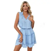 Typecat Robe courte élégante en mousseline de soie, sans manches, col en V, volants, mini-jupe fendue, printemps-été 2025, bleu, taille L