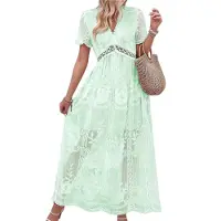 Semoic Robe de mariée en dentelle florale à manches courtes et col en V pour femme