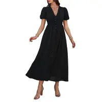 Semoic Robe mi-longue décontractée d'été pour femme, manches bouffantes, col en V
