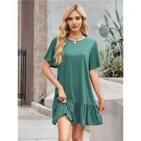 Semoic Robe à col rond et manches courtes, vert foncé, taille L