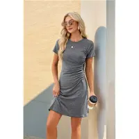 Semoic Robe à col rond et manches courtes Gris S