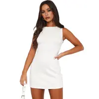 Torribaly Robe d'été moulante sans manches à col bateau pour femme, coupe ajustée, idéale pour les soirées et les clubs, couleur crème, taille L