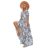 Torribaly Robe d'été décontractée à fleurs style bohème pour femme, robe longue bouffante à manches courtes et poches, bleu, taille L