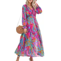 Semoic Robe bohème décontractée à manches longues et col en V profond pour femme C