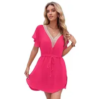 Torribaly Robe de plage ample à manches courtes et col en V profond pour femme, cache-maillot de bain, rose, rouge, taille XL