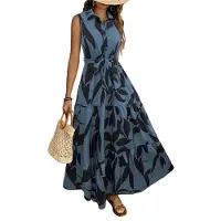 Semoic Robe longue d'été fleurie à col boutonné pour femme