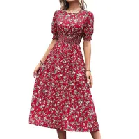 Typecat Robe fleurie en mousseline de soie pour femme, décontractée, style bohème, manches flottantes, style western, rouge, taille XL