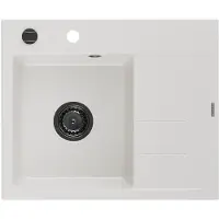 Mexen Ben Evier en granit 1 bac avec égouttoir à gauche 600 x 500 mm, blanc, siphon noir - 6522605000-20-B