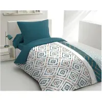 HOME LINGE PASSION Parure de lit - 1 housse de couette 140 x 200 cm + 1 taie d'oreiller 63 x 63 cm - Bleu canard