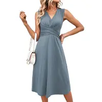 Torribaly Robe d'été évasée sans manches à col en V pour femme, gris, taille L