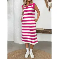 Jojomino Robe d'été à rayures pour femmes, coupe trapèze, décontractée, manches courtes, col à revers, t-shirt avec poches, rose rouge, taille S