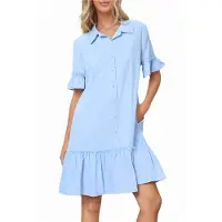 Torribaly Robe chemise d'été boutonnée pour femme, décontractée, manches à volants, coupe droite, mini, avec poches, bleu clair, taille S