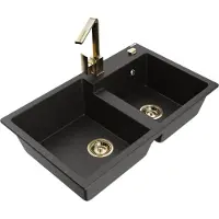 Mexen Tomas Évier de cuisine 2 cuves en granit avec mitigeur Rita, Noir/Métal doré - 6516-75-670300-50