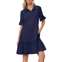 Torribaly Robe chemise d'été boutonnée pour femme, décontractée, manches à volants, coupe droite, mini, avec poches, bleu marine, taille XL