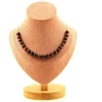 Bijoux Pierres et Minéraux. Collier 20 perles Oeil de Tigre rouge 8 mm. Chaine en acier inoxydable Collier femmes, hommes. Taille personna