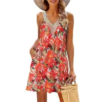 Torribaly Robes d'été pour femmes, robe de plage en dentelle, col en V, décontractée, imprimé tropical, sans manches, courte, rouge, taille S