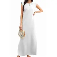 Torribaly Robe longue d'été décontractée à col rond et fente pour femme, sans plis, avec poches, couleur blanche, taille XXL, 2025