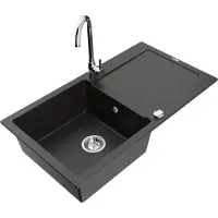 Mexen Leo Évier en granit 1 bac avec égouttoir et mitigeur Telma, noir/or métallisé - 6501-75-670200-00