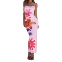 Torribaly Robe longue fleurie pour femme, été 2025, bretelles spaghetti, moulante, en maille, robe de plage, vacances, rose, taille M